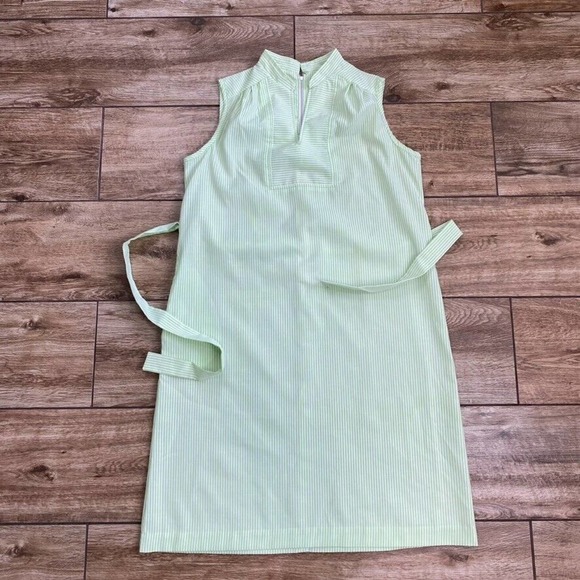 Vintage Seersucker Dress Green White Stripe Belted Sleeveless 18 1/2 - Picture 5 of 12
